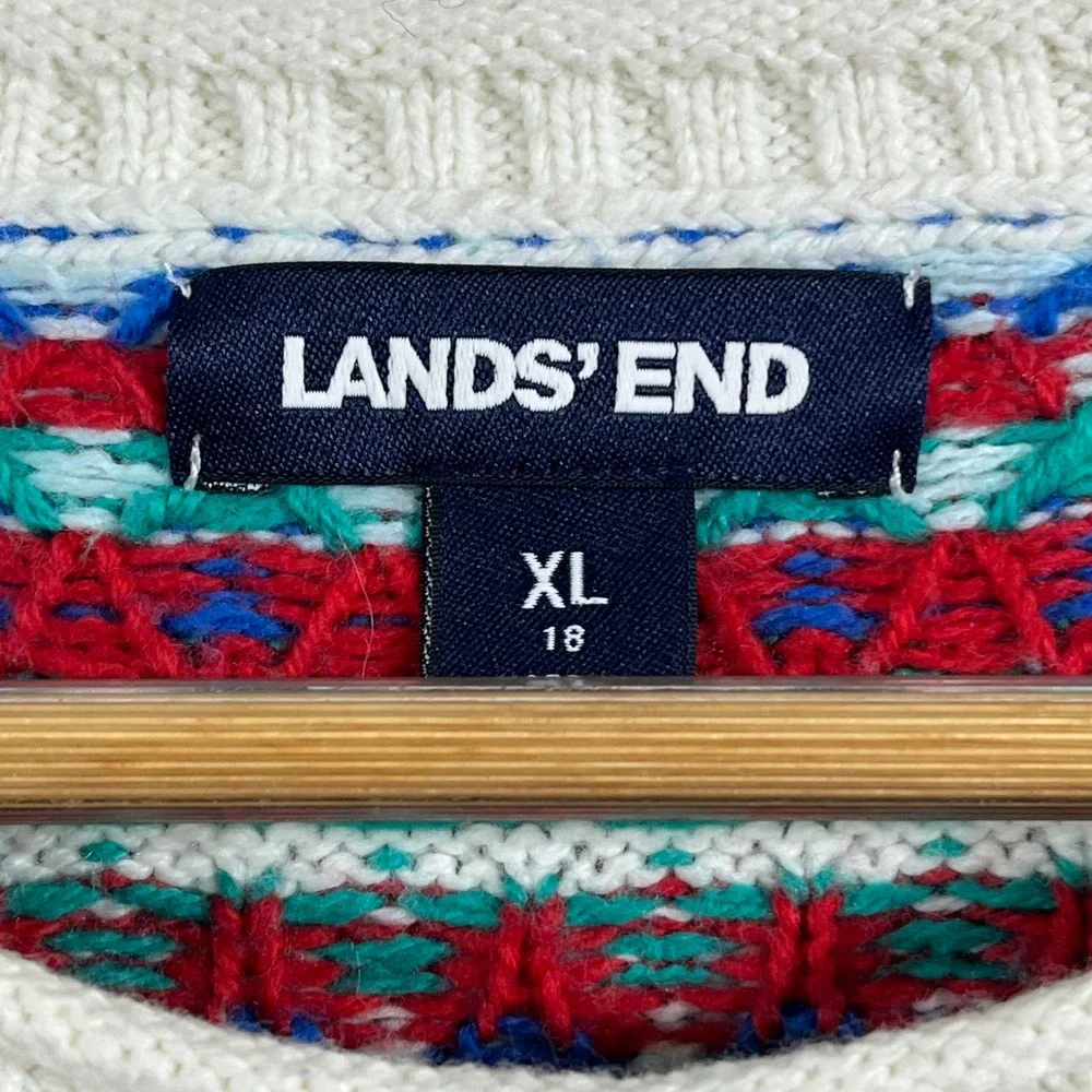 Lands End Fair Isle Crew Neck Sweater Cotton Wool Blend Women XL Multi Color Ski - Picture 3 of 9